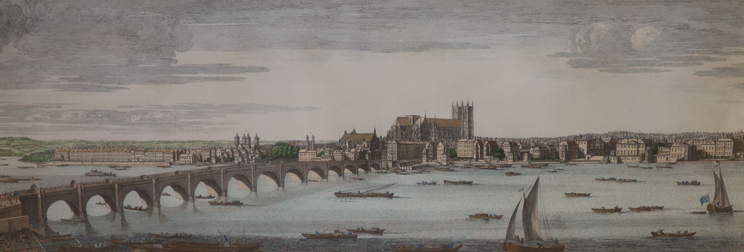 A set of 4 colour prints after S & N Buck, London viewed from The Thames, overall 32 x 81cm